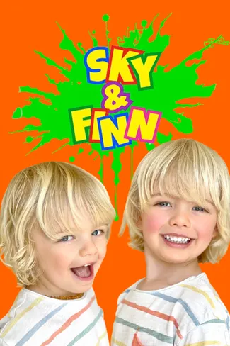 Sky & Finn kids poster featuring two smiling children on a bright orange background.