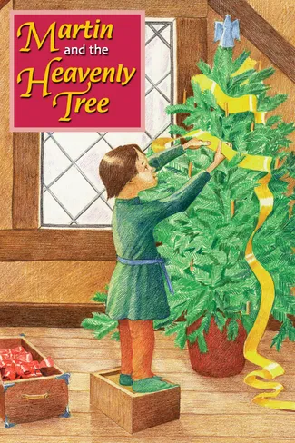Martin and the Heavenly Tree animated poster featuring a child decorating a large tree indoors.