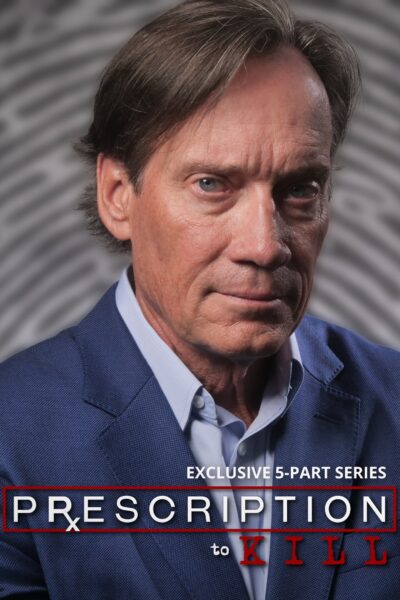 Prescription to Kill series poster featuring a serious Kevin Sorbo in close-up against a gray background.
