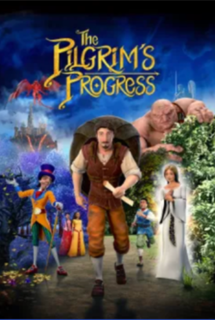 The Pilgrim’s Progress animated movie poster featuring a traveler with fantasy characters and a glowing city.