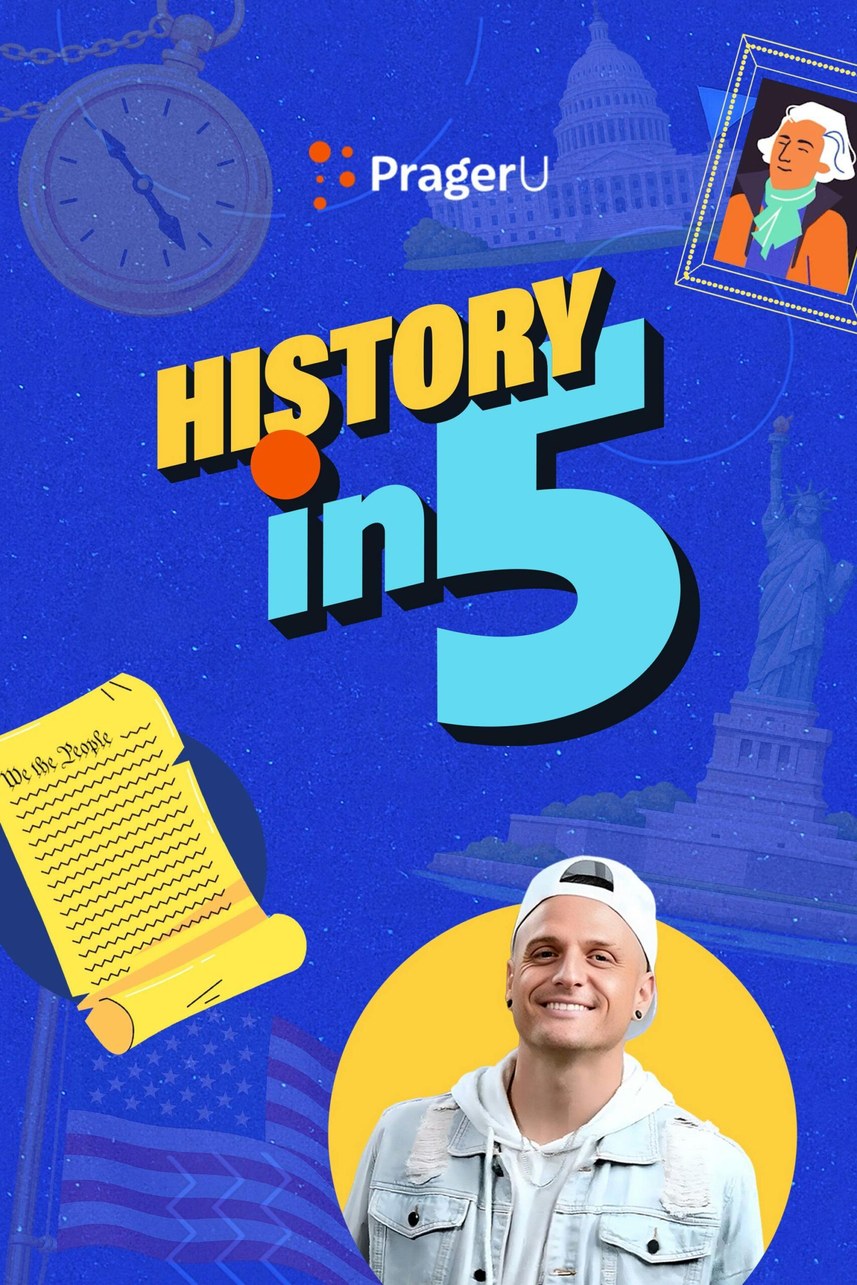 History in 5 series poster featuring a host with bold text and educational graphics.