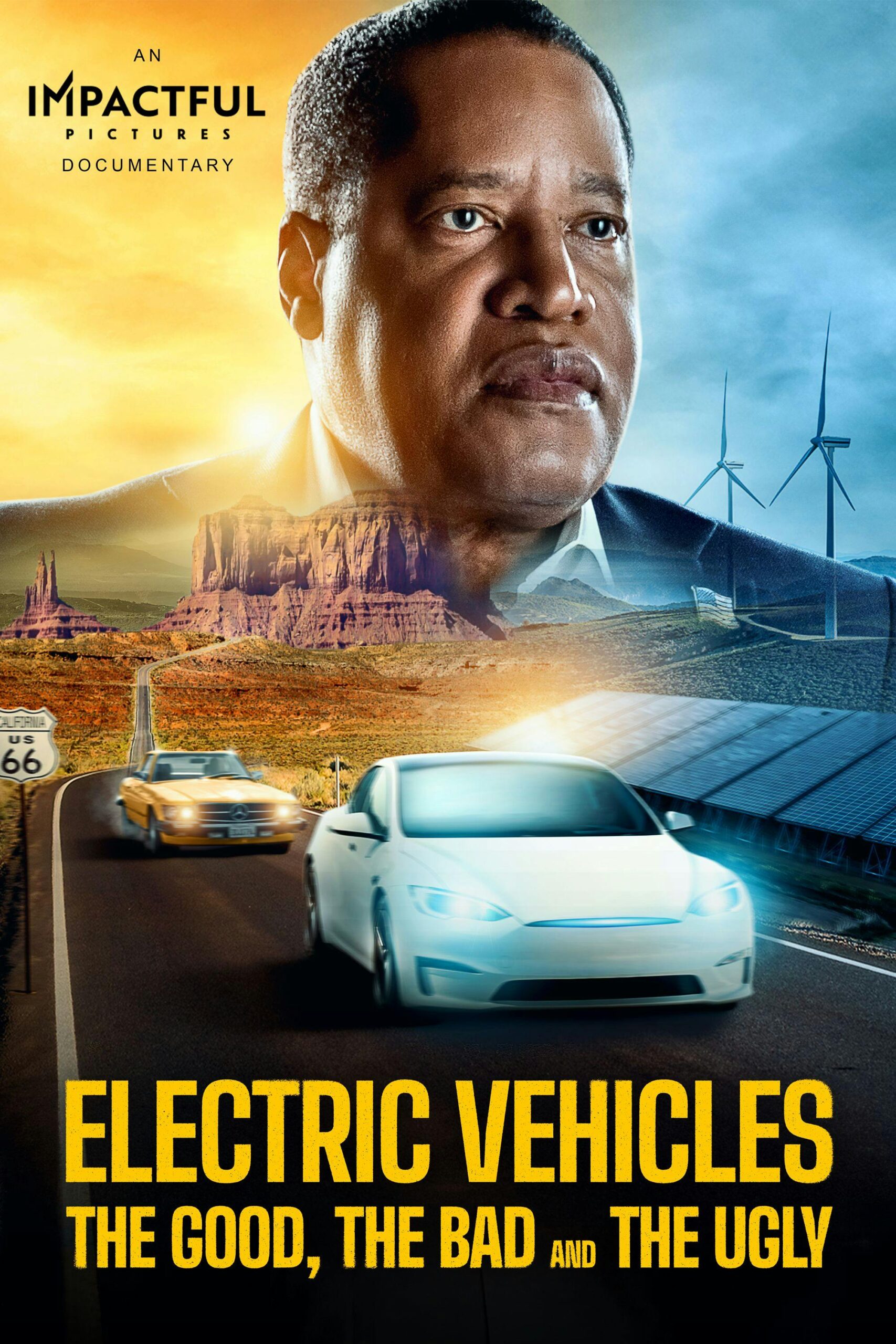 Electric Vehicles: The Good, the Bad, and the Ugly poster featuring Larry Elder with cars and energy imagery.