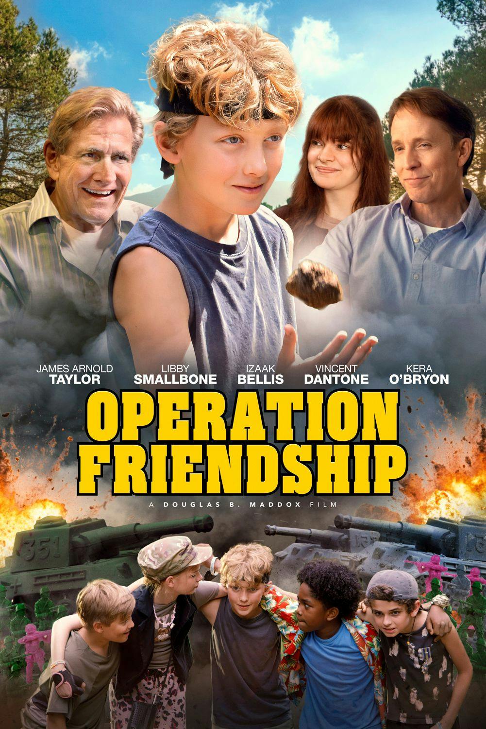 Operation Friendship movie poster featuring a young boy surrounded by adults and a group of kids, with a dramatic background including a tank and explosions.